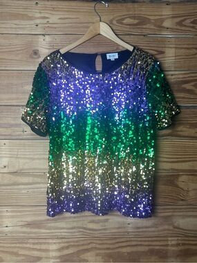 BiBi Purple, Green & Gold Sequin Short Sleeve Top